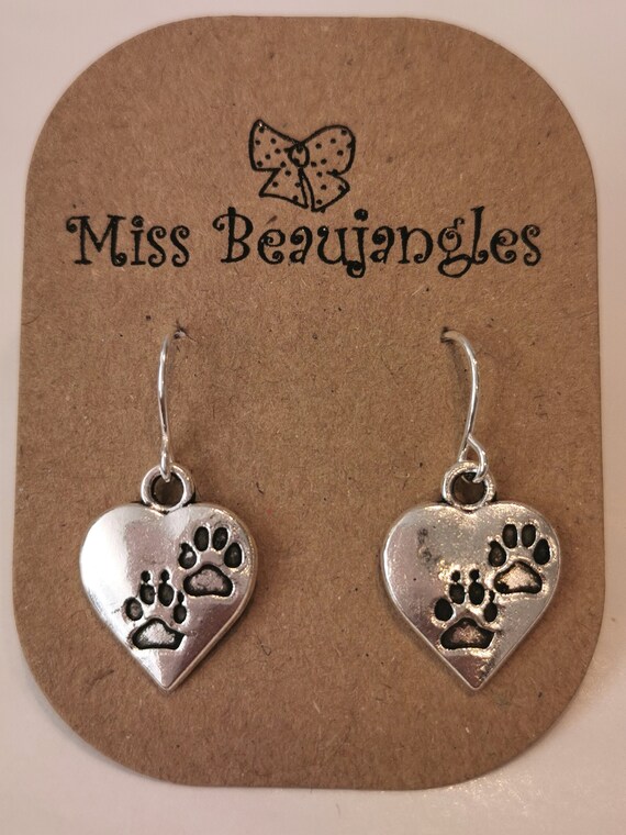 Silver Paw Print Earrings. Paw Print Hearts. Silver Plated Nickel