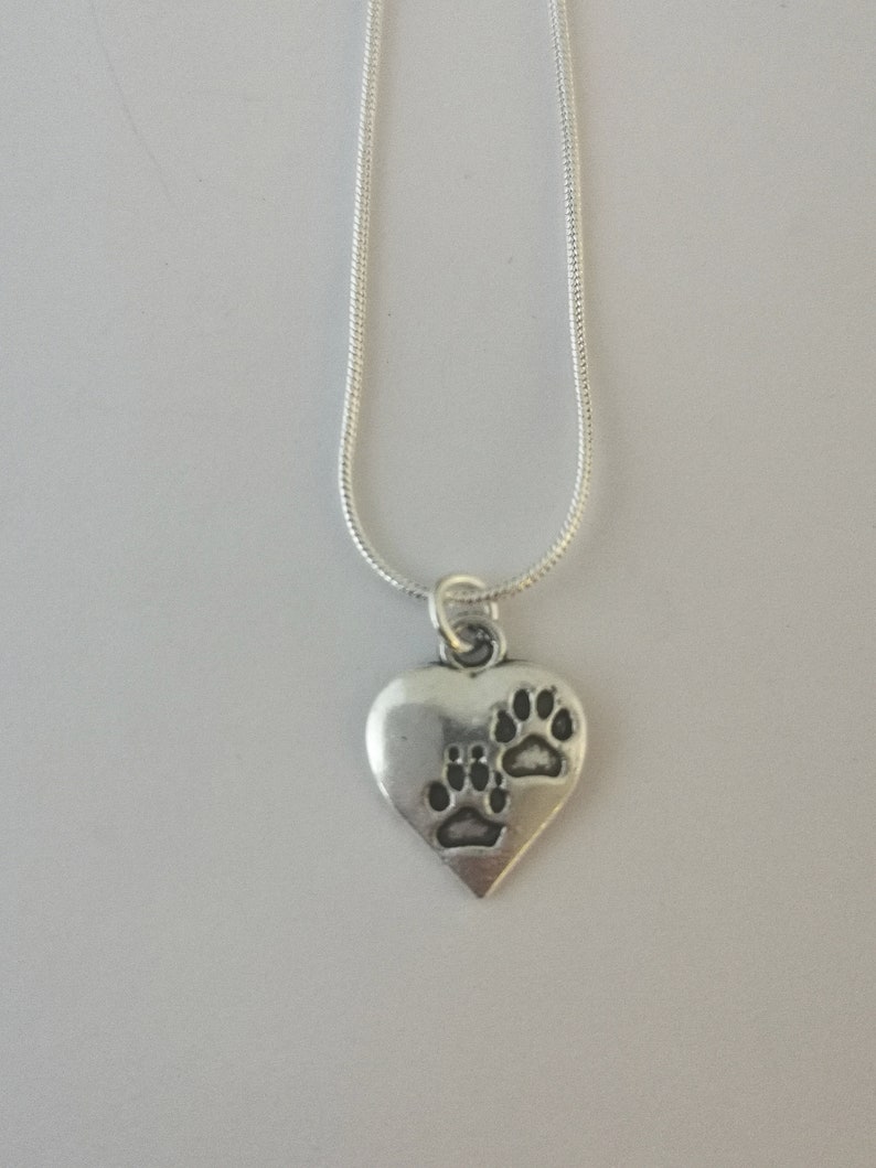 Silver pawprint heart necklace. Silver plated pendant on silver plated snake chain. 18 inches. image 7