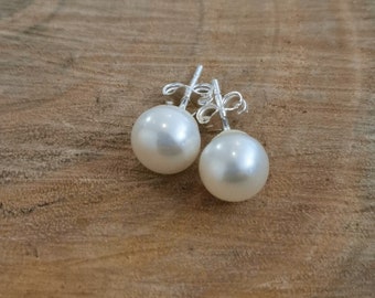 White freshwater pearl stud earrings 7mm sterling silver