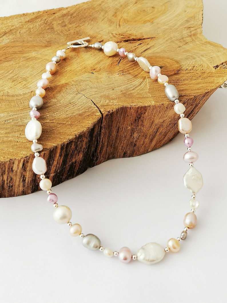 Mixed Freshwater pearl necklace, pinks, whites and greys image 3