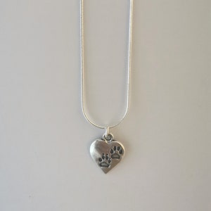 Silver pawprint heart necklace. Silver plated pendant on silver plated snake chain. 18 inches. image 6