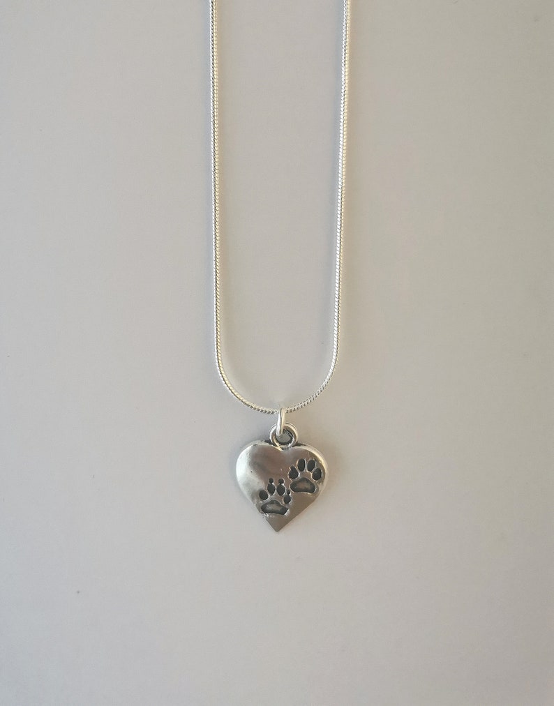 Silver pawprint heart necklace. Silver plated pendant on silver plated snake chain. 18 inches. image 6