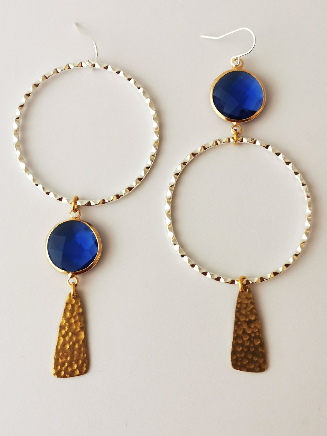 Assymetric Very Big Statement Earrings Two Tone With Blue Etsy