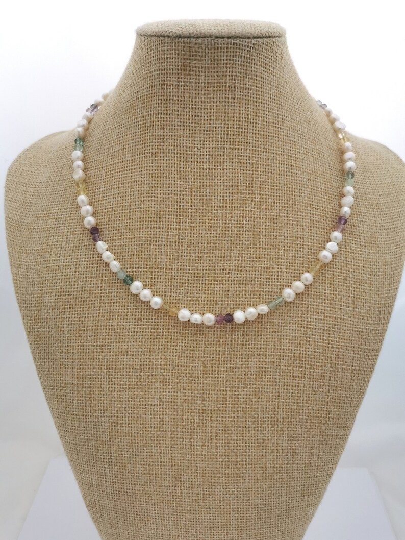 Freshwater pearl and gemstone necklace, flourite and pearl necklace image 7