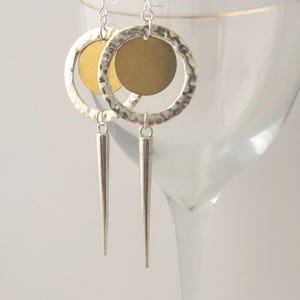 Large hammered silver and gold statement earrings, long dangly gold and silver earrings