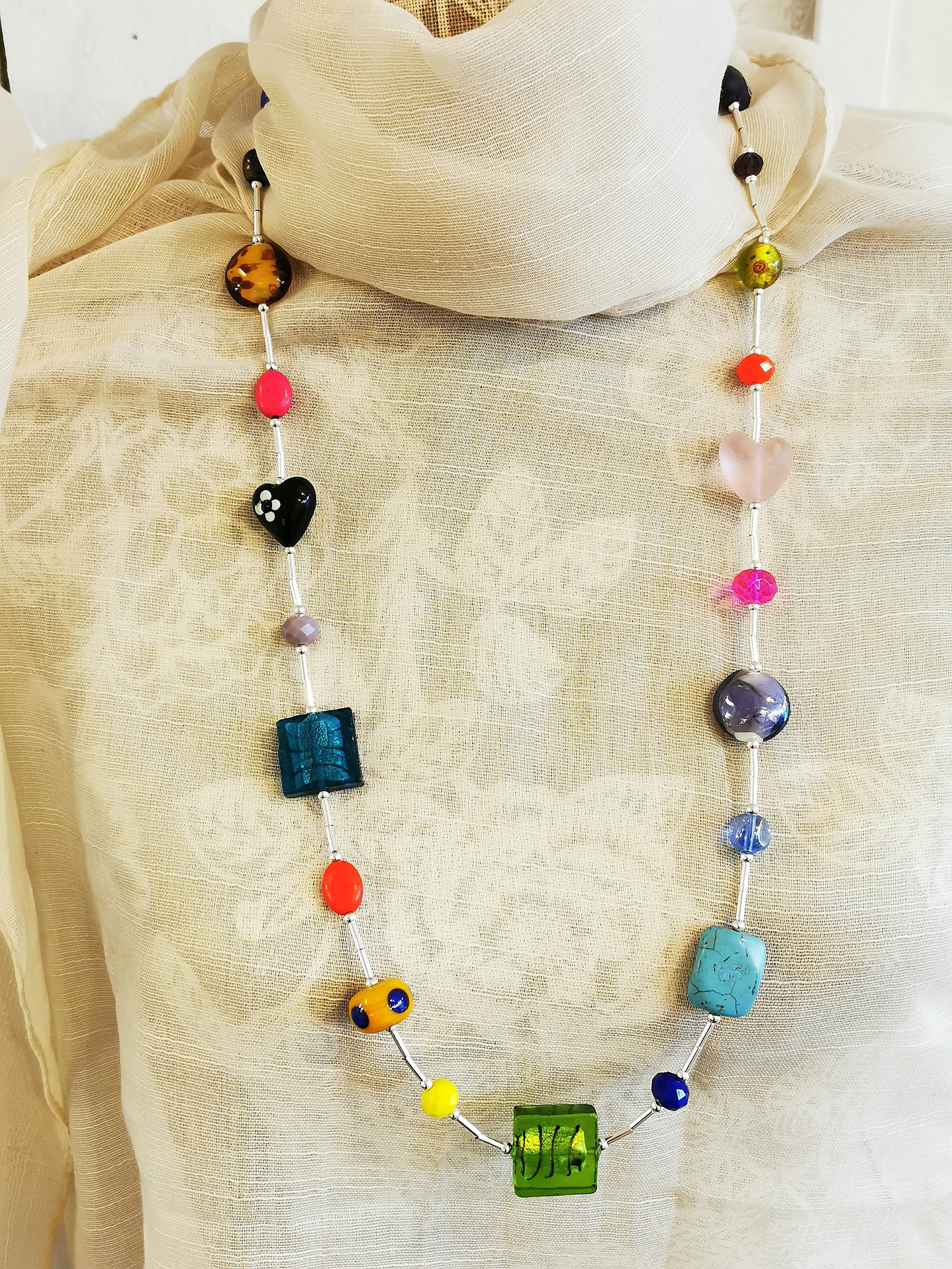 Funky colourful long glass and stone handmade bead necklace — Miss