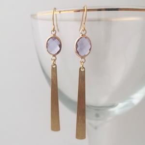 Gold and lilac long drop earrings