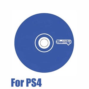 May include: A blue optical disc with a white centre ring and the text "25GB BD-R". The disc is labelled "For PS4" in blue text. The disc is a storage medium for video games.