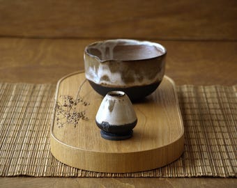 NOVITÀ! Set Macha Silent Hope 2 pezzi / Ciotola Macha e porta frusta per il tè / Macha Chawan + porta frusta per tè / Set in ceramica / Fatto a mano / Nero-beige