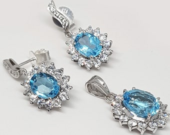Swiss Blue Topaz Jewelry Set: Sterling Silver Earrings & Pendant