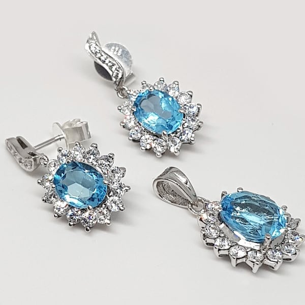 Genuine Swiss Blue Topaz Jewelry Set in 925 Sterling Silver, Earrings, Pendant, Blue Topaz Jewelry Set for Women, Gift