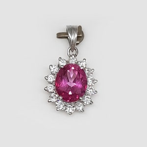 Genuine Pink Topaz Pendant in 925 Sterling Silver - Oval Pink Topaz with Small CZ Silver Pendant for women - Handmade - Gift