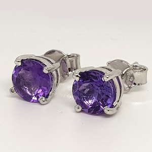 Amethyst Stud Earrings: Round Purple Gemstone, Sterling Silver