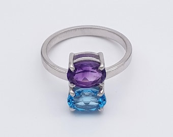 Natural Amethyst Swiss Blue Topaz Ring, Amethyst Silver Ring, Multistone Ring For Women