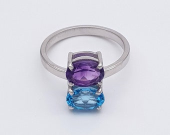 Amethyst Swiss Blue Topaz Ring, 925 Sterling Silver Multistone Ring