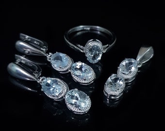 Aquamarin Schmuck Set: Sterling Silber Ring, Ohrringe, Anhänger