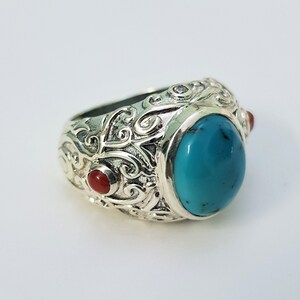 Tibetan Turquoise Ring: Sterling Silver Statement Ring with Coral