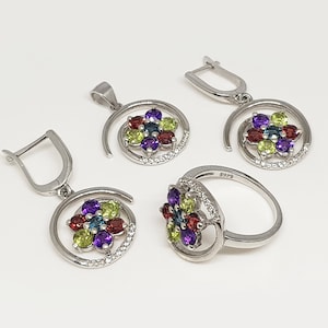 Sterling Silber Multistone Schmuck Set: Peridot, Amethyst, Granat, Topas