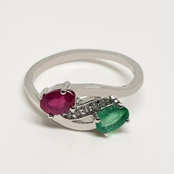 Natural Emerald Ruby Silver Ring ,925 Sterling Silver, Simple Emerald Ring, Promise Ring, Solid Silver Ring for women ,Multi Stone Ring