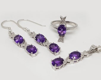 Amethyst Jewelry Set in 925 Sterling Silver, Natural Amethyst Silver Earrings, Pendant, Ring, Chain Jewelry Set for Women, Gift