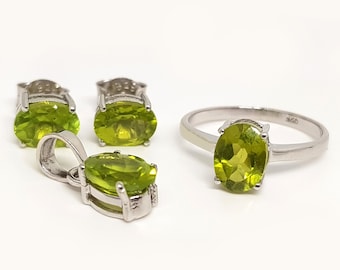 Natural Peridot Jewelry Set Natural Peridot Ring Pendant Earrings White Gold Plated S925 Sterling Silver Peridot Jewelry Set