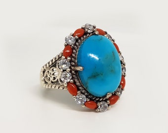 Size 8 #RI74 Chunky Navajo Blue Turquoise Ring Sterling Silver
