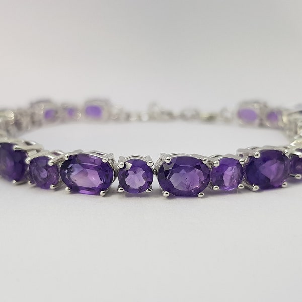 Amethyst Tennis Bracelet in 925 Sterling Silver, Natural Amethyst Silver Bracelet for Women , Purple Gemstone Bracelet