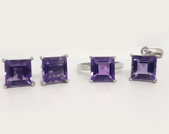 Amethyst Jewelry Set,925 Sterling Silver, Genuine Natural Amethyst Silver Earrings, Pendant, Ring, Jewelry Set for Women, Gift