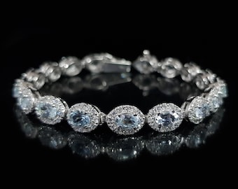 Natural Aquamarine Bracelet in 925 Silver I Oval Tennis Bracelet I Aquamarine Jewelry I Handmade Bracelet I Wedding Jewelry