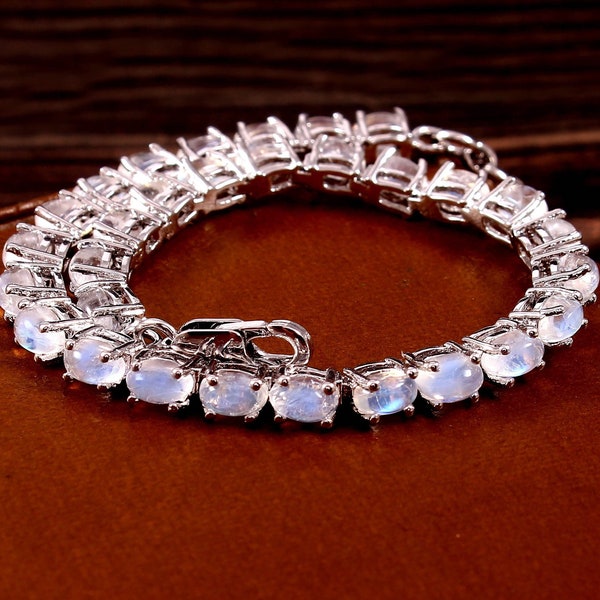Rainbow moonstone Bracelet in 925 Sterling Silver, Tennis Bracelet, Oval Moonstone Bracelet , Moonstone Silver Jewelry Gift