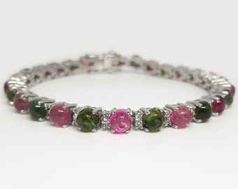 Pulseira de turmalina rosa e verde, em prata de lei 925.