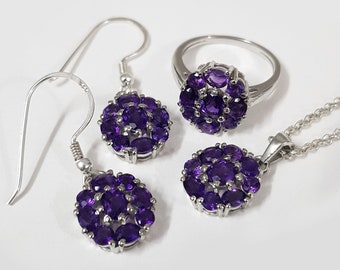 Amethyst Jewelry Set: Sterling Silver Ring, Earrings, Pendant