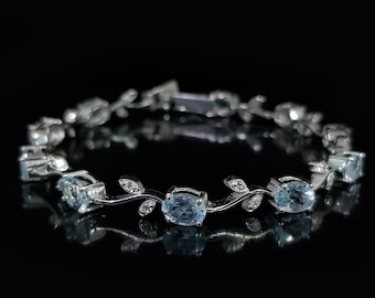 Natural Aquamarine Bracelet | Sterling Silver Tennis Bracelet, March Birthstone