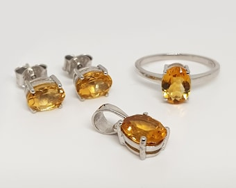 Citrin Schmuckset: 925 Sterling Silber Ring, Ohrringe, Anhänger