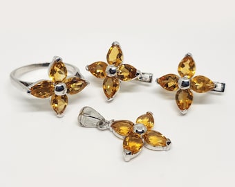 Schmuckset mit Citrin, 925er Sterlingsilber, Ohrringe mit natürlichem Citrin, Citrin-Anhänger, Citrin-Ring, Ohrringe mit gelbem Stein für Damen