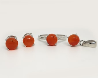 Sterling Silver Carnelian Jewelry Set: Ring, Pendant & Earrings