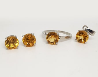 Citrin Schmuckset: 925 Sterling Silber Ring, Anhänger, Ohrringe