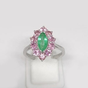 Anillo de esmeralda y turmalina rosa: anillo de plata de ley con piedras preciosas de talla marquesa