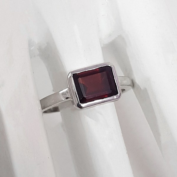 Natural Garnet Ring in 92.5 Sterling Silver, Emerald Cut Garnet Ring, Garnet Jewelry for Women and Girls