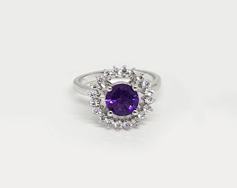 Amethyst Halo Jewelry Set: Sterling Silver Ring, Pendant & Earrings