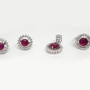 Natural Ruby Jewelry Set: Sterling Silver Ring, Earrings, Necklace
