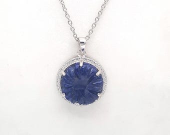 Floral Lapis Lazuli Pendant: Sterling Silver CZ Halo