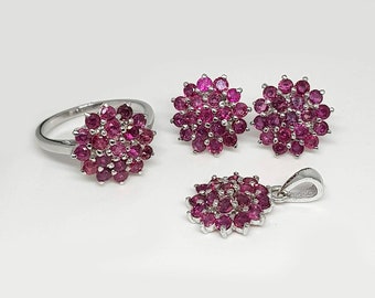 Ruby Floral Jewelry Set: Sterling Silver Ring, Earrings, Necklace