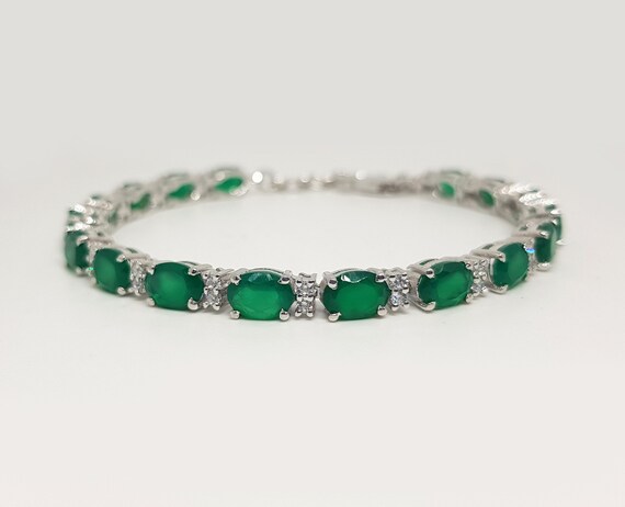 Bracelet En Argent Sterling 925 Avec Onyx Vert Et Diopside Chrome - Fait Main En Inde