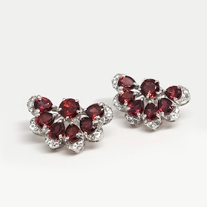 Natural Garnet- Natural White Topaz Stud Earrings In 925 Sterling Silver For Women and Girls, Natural Garnet gemstone Floral Earrings