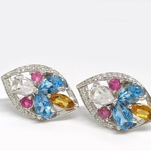 Echte Zwitserse blauwe topaas- witte topaas- toermalijnoorbellen in 925 sterlingzilver voor dames en meisjes