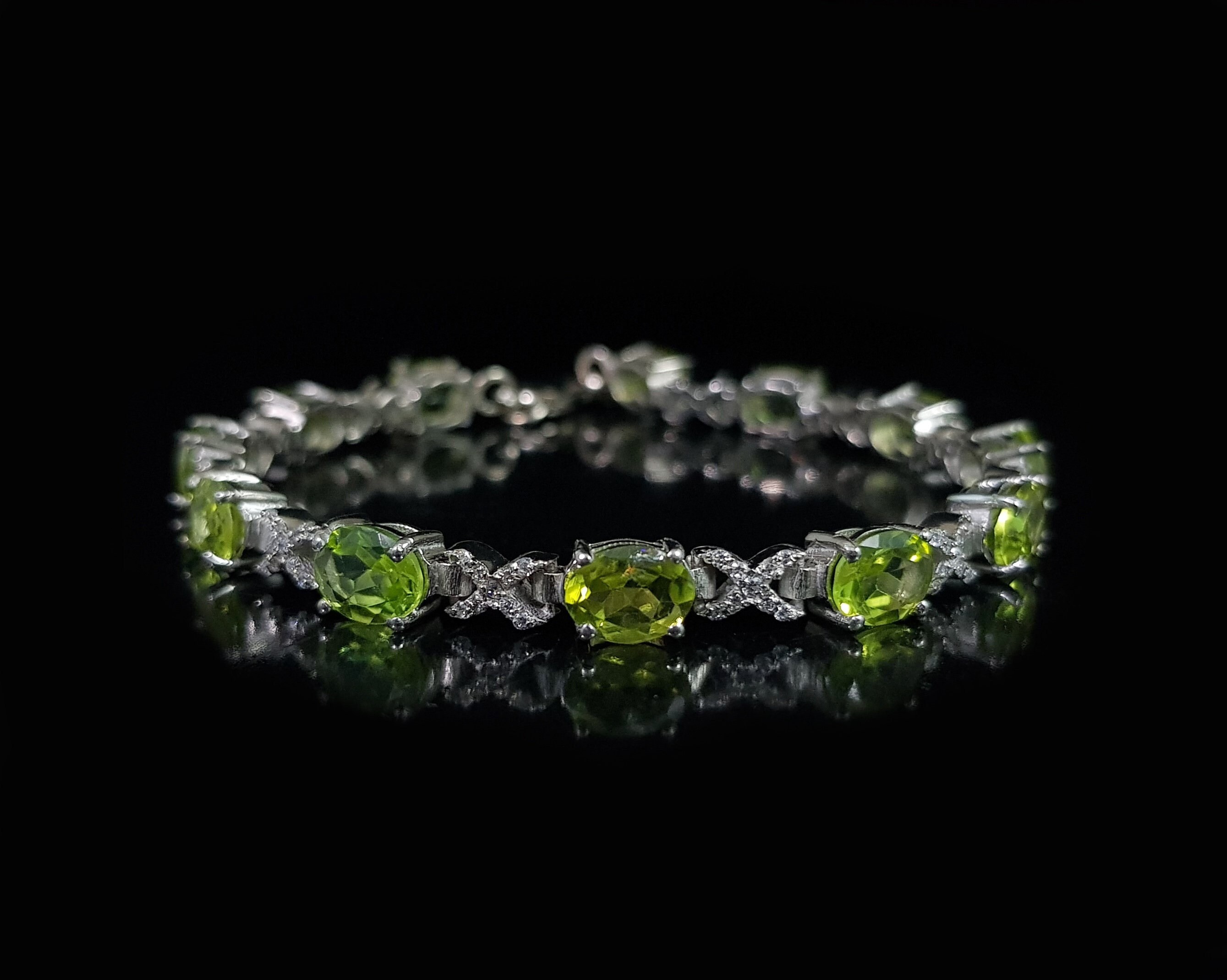 Bracelet Tennis En Argent Sterling 925 Avec Péridot Naturel - Taille Pierre 6x4 Mm - Neuf Sans Emballage