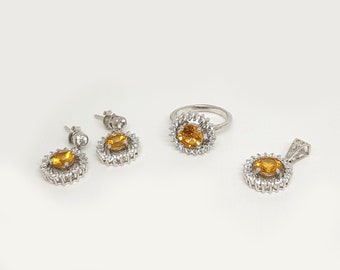 Citrin Schmuck Set: Sterling Silber Halo Anhänger, Ring, Ohrringe