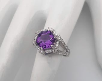 Amethyst CZ Ring: 925 Sterling Silver Hexagon Gemstone
