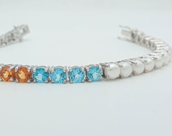 Multi-Gemstone Tennis Bracelet: 925 Sterling Silver, Pearl, Peridot, Topaz